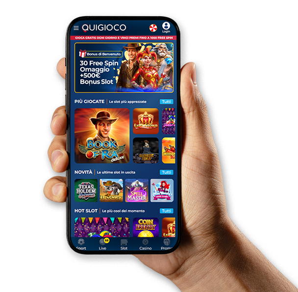 Mano che tiene smartphone con l'App Quigioco
